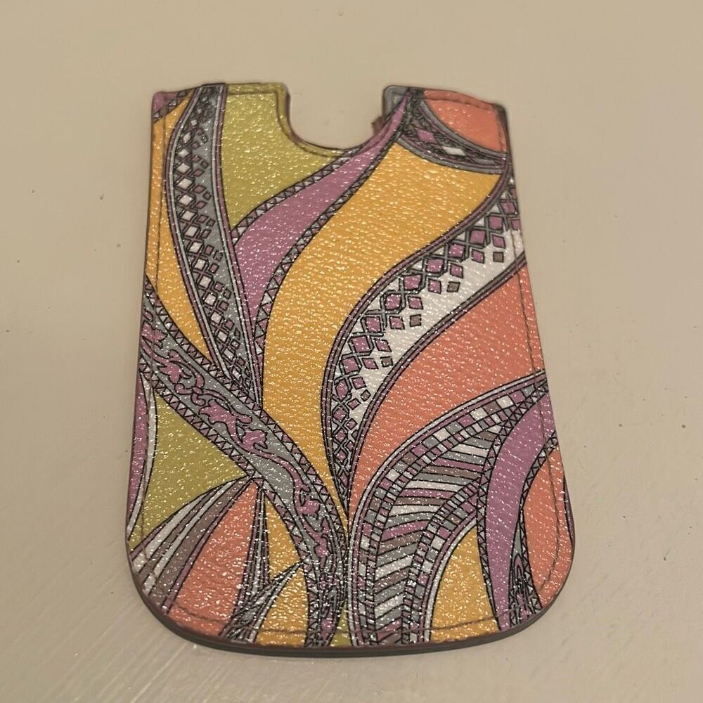 Emilio Pucci Cardholder Pouch Vibrant Doodle Stripe Paisley Artsy Print Leather - Picture 3 of 6